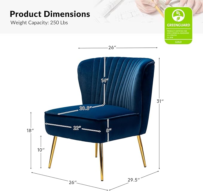 Tina's Home Velvet Armless Accent Chair Upholstered Modern Small Side Chair with Golden Legs Comfy Cute Wingback Slipper Chair for Living Room Study Beauty Room Thickly Padded(Navy)