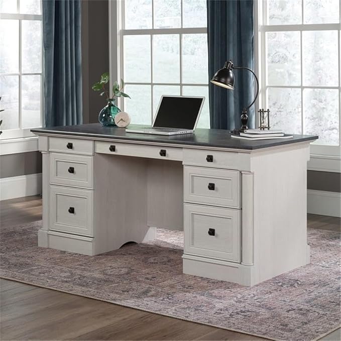 Sauder Palladia Office Desk with Drawers Executive Desk with File Cabinet Storage Cable Management Keyboard Tray in Glacier Oak Finish