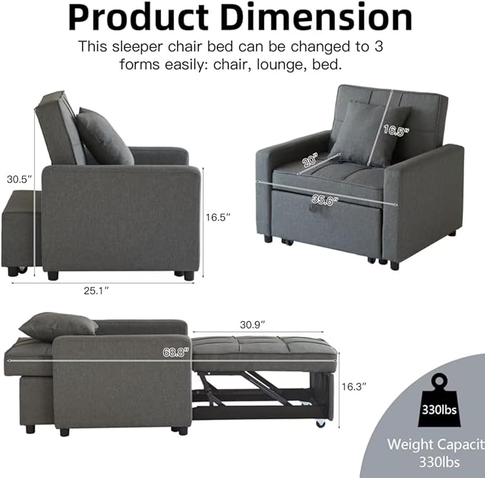 3-in-1 Convertible Sleeper Chair Pull Out Chair with Extra Pillow Lazy Chair Bed Sleeper for Adults Recliner Sofa Bed with 3 Adjustable Angles for Small Spaces Home Office Deep Gray