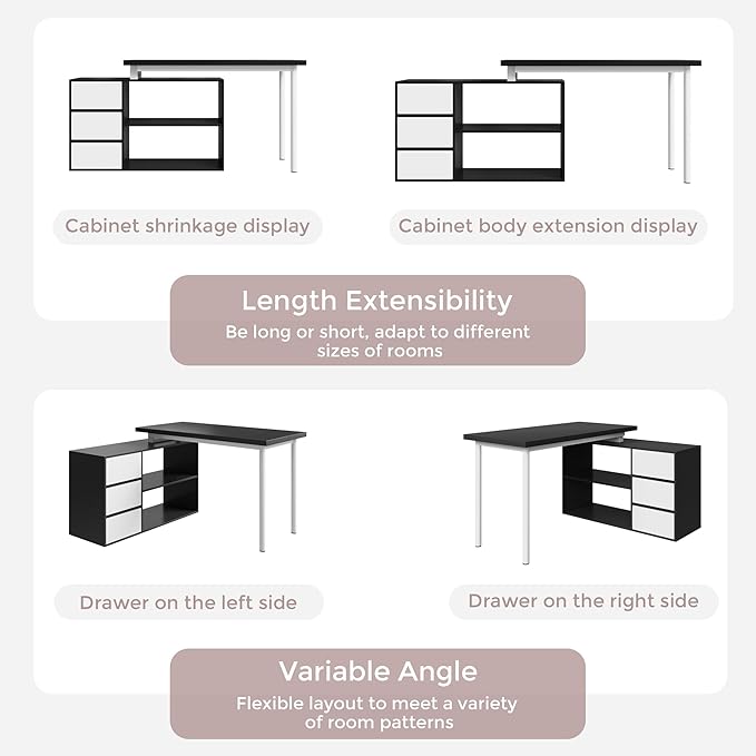 Home Office Computer Desk Corner Desk with 3 White Drawers and 2 Shelves 53-inch L-Shaped Study Desk with Storage Black + White
