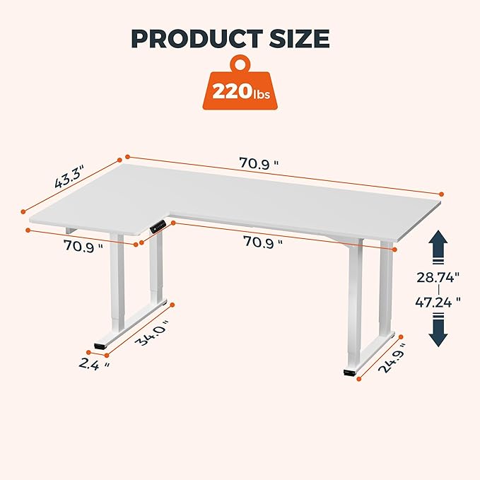4 Legs L-Shaped Standing Desk Large 71x43 Inches Electric Adjustable Height Desks with Splice Board Stand Up Desk Home Office Computer Workstation White