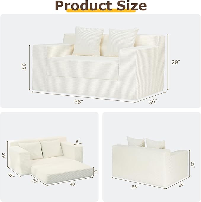 Convertible Sofa Bed 78 Oversized Boneless Loveseat Couch 2 in 1 Foldable Futn Bed Couch in A Box Folding Sleeper Sofa Chair for Living Room No Assembly Required Grey