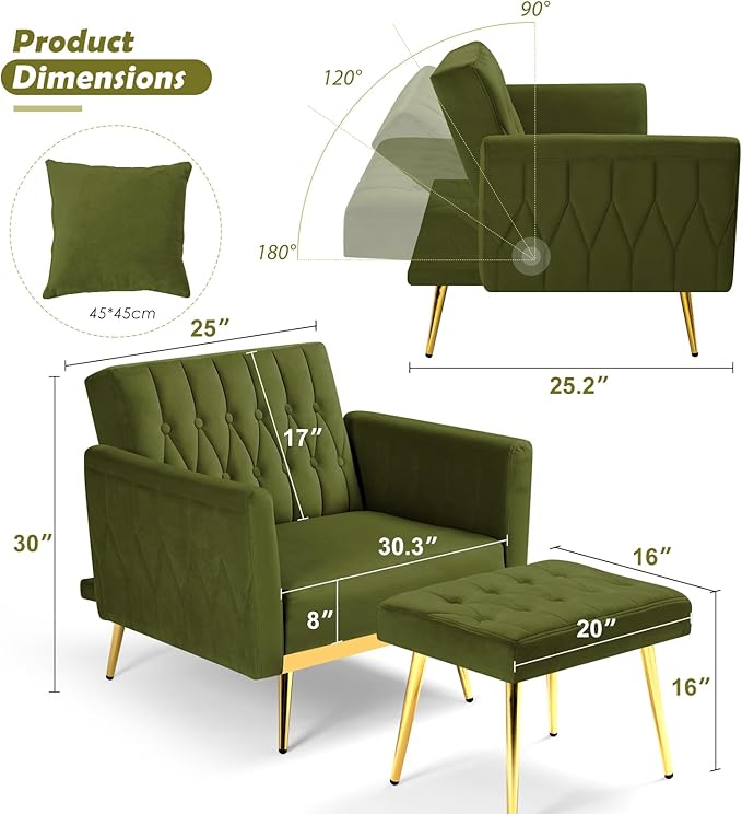 Velvet Accent Chair with Adjustable Backrest and Armrests Single Recliner Armchair with Ottoman and Golden Mental Legs for Living Room Bedroom and Waiting Room Olive Green