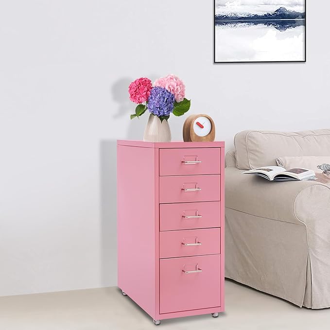 5 Drawer Rolling File Cabinet Metal Vertical File Storage Cabinet w/Index Label 27” Mobile Underdesk Chest for Files Documents Literature Storage Cabinet on Wheels for Home Office Pink