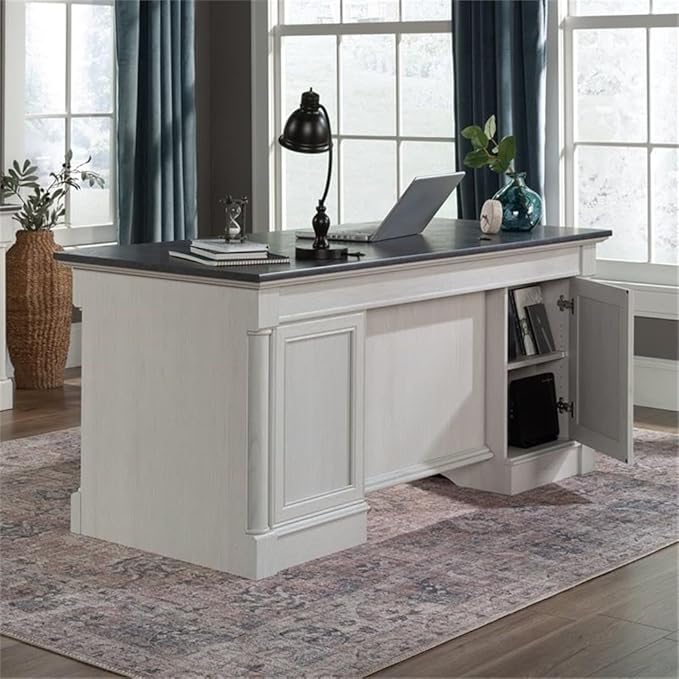 Sauder Palladia Office Desk with Drawers Executive Desk with File Cabinet Storage Cable Management Keyboard Tray in Glacier Oak Finish