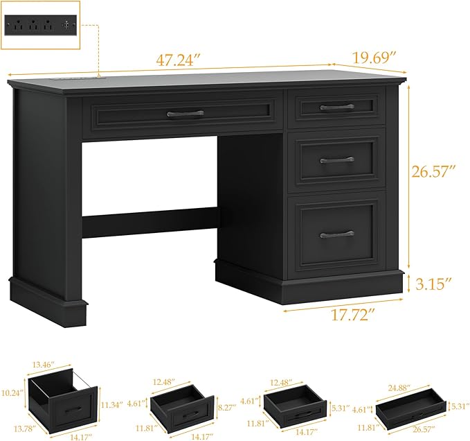 Farmhouse 47 Executive Desk Computer Desk with Drawers and File Drawer Workstation Computer Desk with Charging Station for Home Office StudyPure Black.