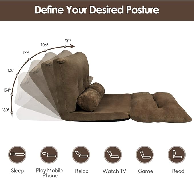 Giantex Adjustable Floor Sofa Couch with 2 Pillows Multi-Functional 6-Position Foldable Lazy Sofa Sleeper Bed Multi-Functional Suede Floor Seating Sofa for Reading Gaming (Coffee)