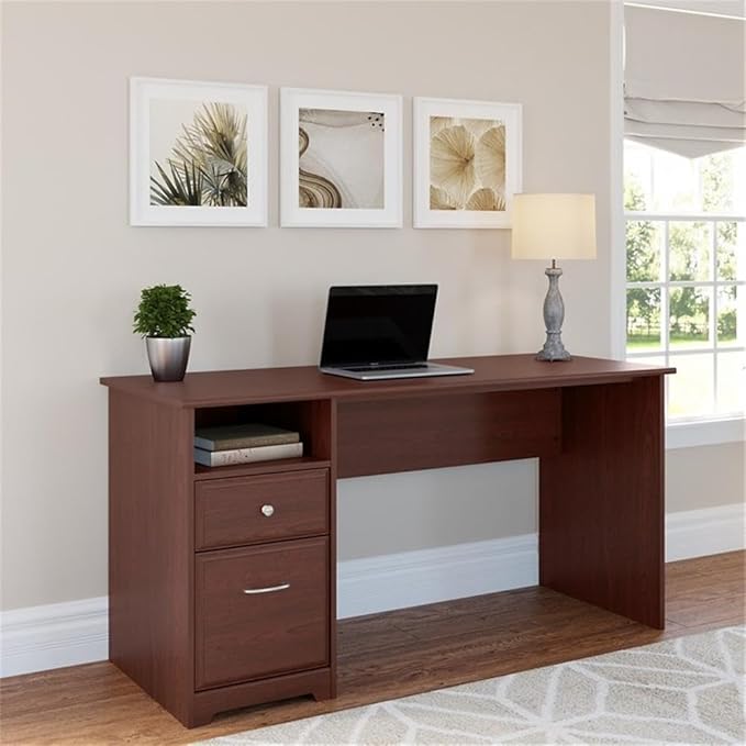Bush Home Cabot 60W Computer Desk with Drawers in Harvest Cherry Workstation and File Storage Desktop with Organization Solution for Home Office