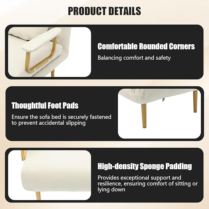 Convertible Sleeper Sofa Bed 3 in 1 Multi-Functional Sofa Chair Bed with 5 Position Adjustable Backrest Folding Sofa Bed Floor Single Chairs Fold Out Chair Beds for Living Room (Off-White)