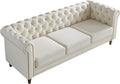 3 Seater Chesterfield Button Tufted Velvet Sofa Wide Upholstered Couch with Rolled Arms Removable Cushions Metal Legs for Living Room Office Apartment (Beige)