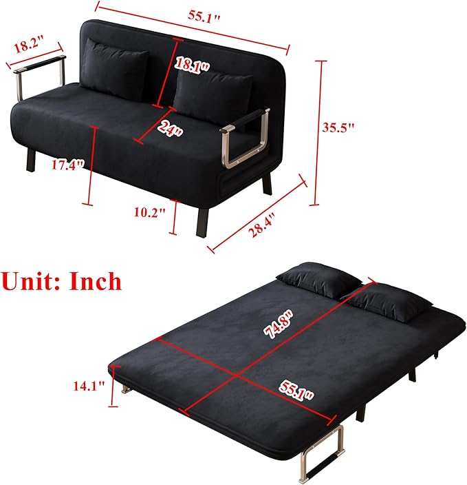Convertible Sofa Bed Full Size Velvet Tri-Fold Sofa Bed with 6-Position Adjustable Backrest Multi-Functional Folding Chaise Lounge Couch for Home Office 55 W x 74.8 L Black