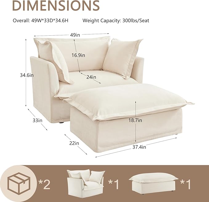 49'' Chenille Chaise Lounge Chair Indoor Oversized Upholstered Sleeper Sofa with Movable Ottoman Removable &amp Washable Sofa Cover for Living Room Home Theater ApartmentBeige