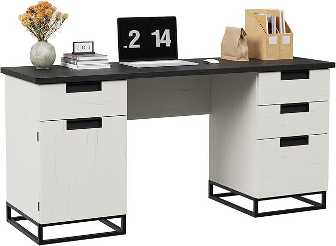 IDEALHOUSE Farmhouse Executive Desk 59 Computer Desk White Home Office Desks with File Drawer and Storage Cabinet Wood Writing Desks for Home Office Bedroom White+Black