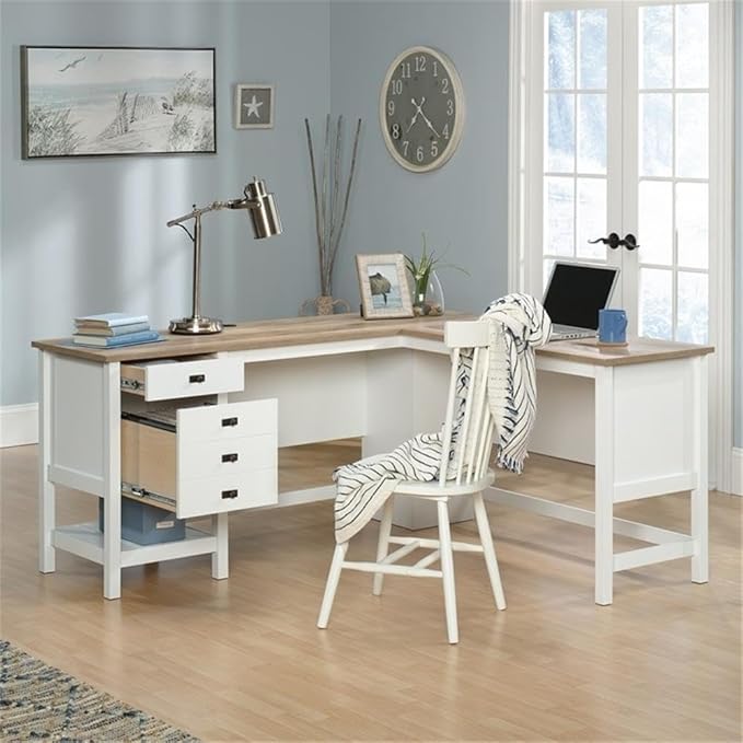 Pemberly Row L-Shaped Engineered Wood Home Office Desk Soft White and Lintel Oak Finish 65 in Wide Spacious Work Surface with Storage Drawers and Shelf Cord Management Versatile Placement