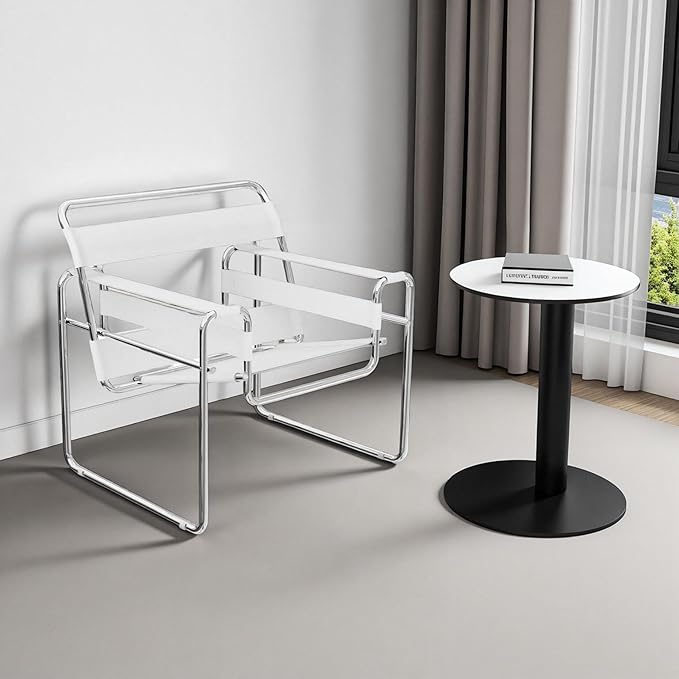 FULOL Saddle Leather Armchair Mid-Century Modern Accent Chair Studio Chair Stainless Steel Frame for Living Room Bedroom Office Studio White