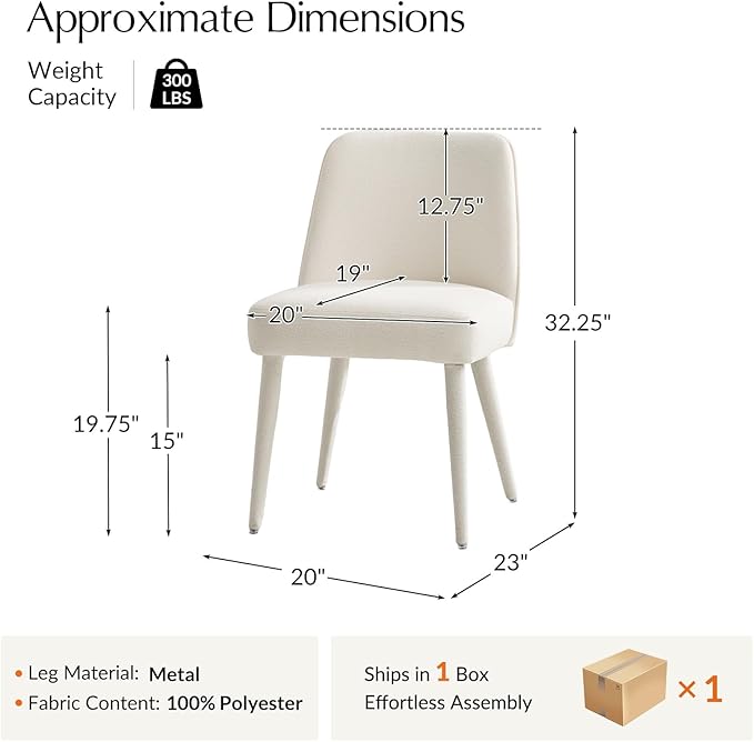 HULALA HOME Modern Dining Chairs Set of 2White Fully Chenille Upholstered Dining Room Chairs Set with Foot Peg Wood Frame Armless Kitchen Accent Chairs for Living Room Bedroom Reception - Ivory