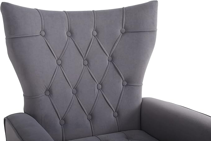 Velvet Accent Chair with Ottoman Comfy Tufted Armchair with Gold Metal Legs Modern Upholstered Wingback Chair with Footrest Set for Living Room Bedroom Lounge Office Grey
