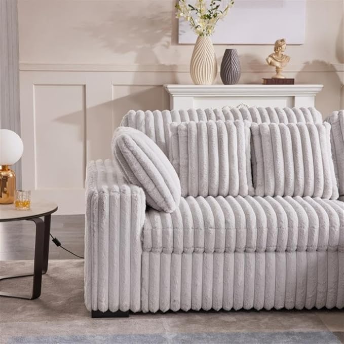 Pemberly Row 113 W Corduroy Fabric Cloud Convertible Sectional Deep Seat Sofa Slider with Power Recliner Glider USB Charging Ports and 6 Cushions in Presley Latte for Living Room