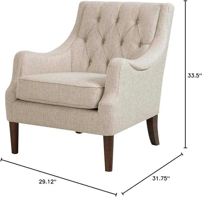 Madison Park Accent Chair for Living Room Upholstered Button Tufted Back Removable 5.75 T Seat Cushion Solid Wood Legs Modern Accent Armchair Family Room Furniture Bedroom Chair 29.25W Beige