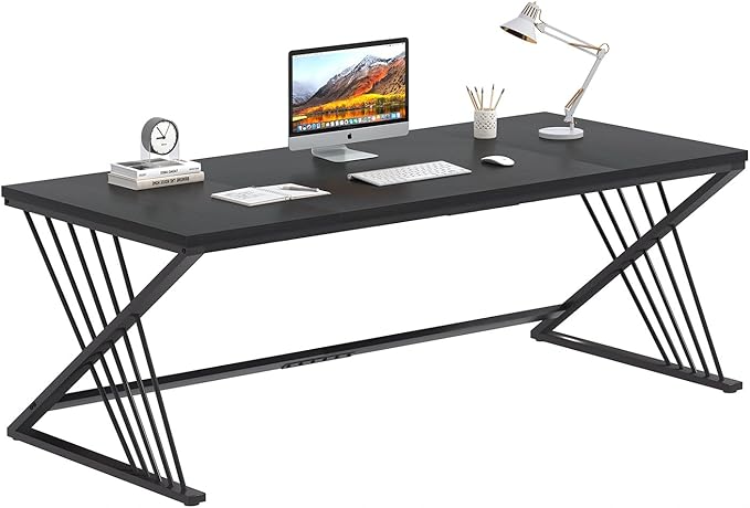 FOLUBAN 70.9 Black Computer Desk Modern Home Office Desk Large Gaming Workstation Executive Desk with Z-Shaped Legs 2 Person Large Study Writing Table for Bedroom