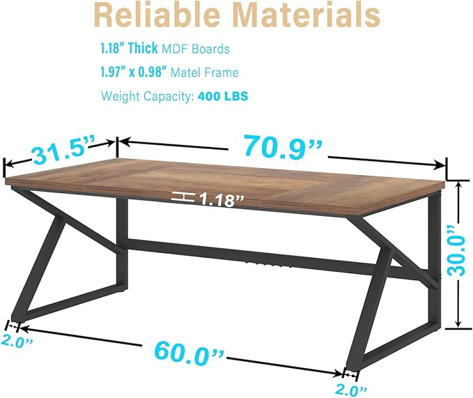 HSH Large Home Office Desk Modern Wood Metal Computer Desk for Two Person Extra Long Executive Writing Study Gaming Double Desk Workstation 70 Inch Rustic Bedroom Living Room Table for 2 Monitors