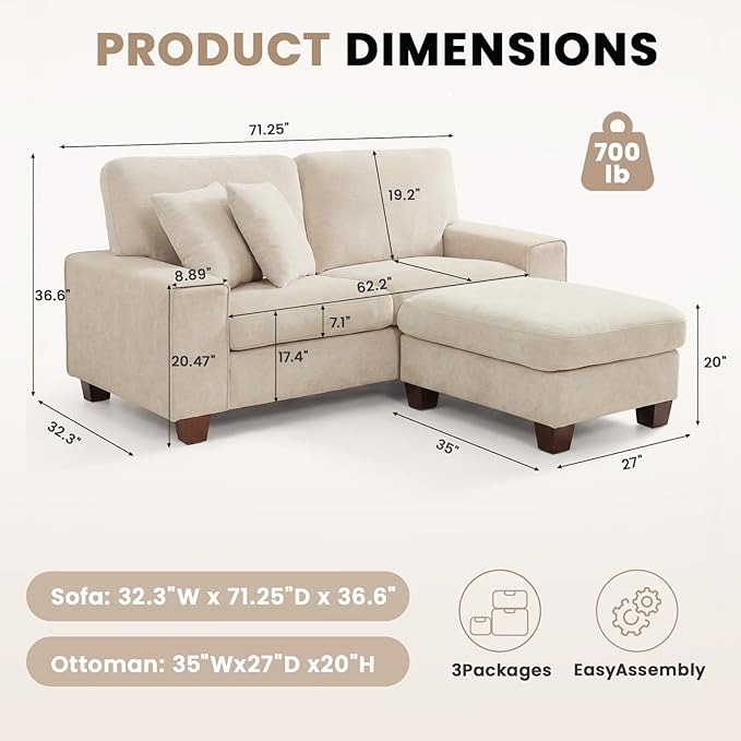 DOPEDIO L-Shaped Sectional Sofa with Storage Ottoman Modern Chenille Recliner Loveseat Removable Couch Covers Pocket Spring Cushions Solid Wood Frame Easy to Install (71.25inch Beige)