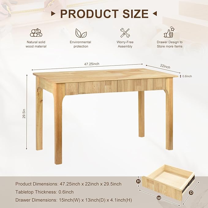 47.2'' Solid Wood Desk with 2 Drawers Mid Century Modern Home Writing Office Wooden DeskVintage Computer Table with Storage for Living Room Bedroom Fluted Design (Natural 47.2 Inch)