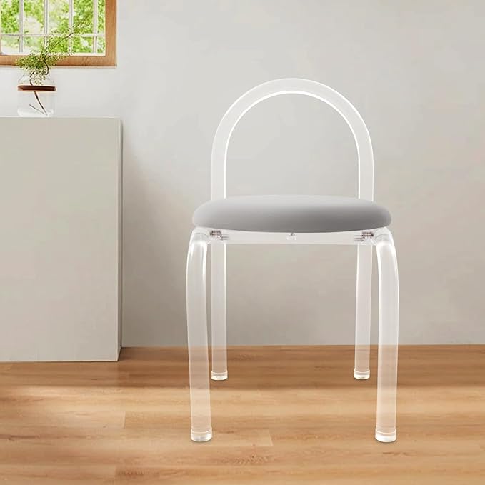 Modern Minimalist Acrylic Chair Clear Vanity Stool with Back and Cushion Small Accent Chair for Makeup Room Living Room Dining Room
