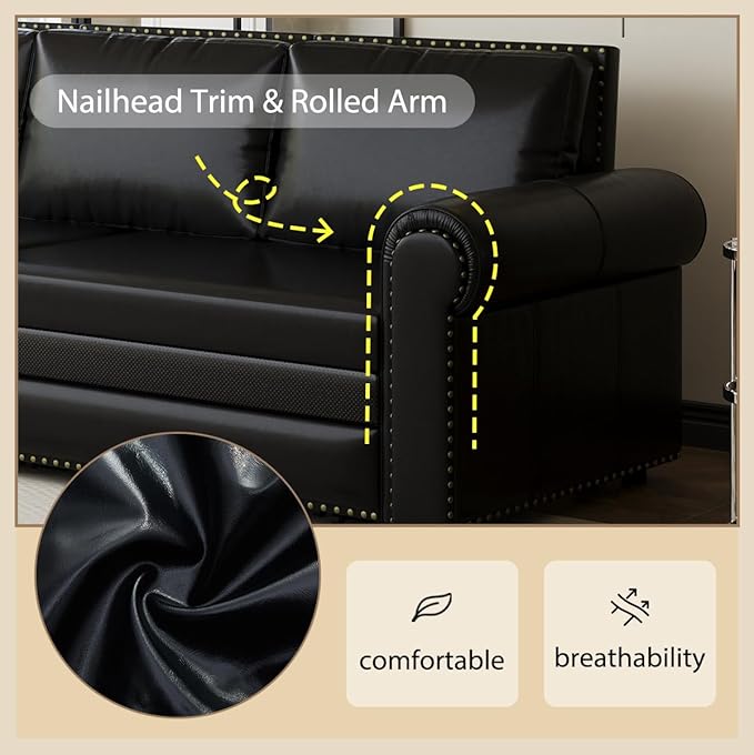 JOYBASE Pull Out Sofa Bed King-Size Convertible Sleeper Sofa Modern 3-Seater Faux Leather Couch with Nailhead for Living Room Office Apartment (Black)