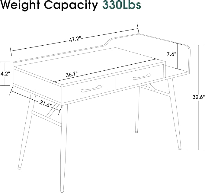 ivinta Computer Desk 47 Modern Home Office Table with Storage Laptop PC Writing Desk with 2 Drawers for Small Spaces Living Room Bedroom Study Room 7155 (Dark Grey)