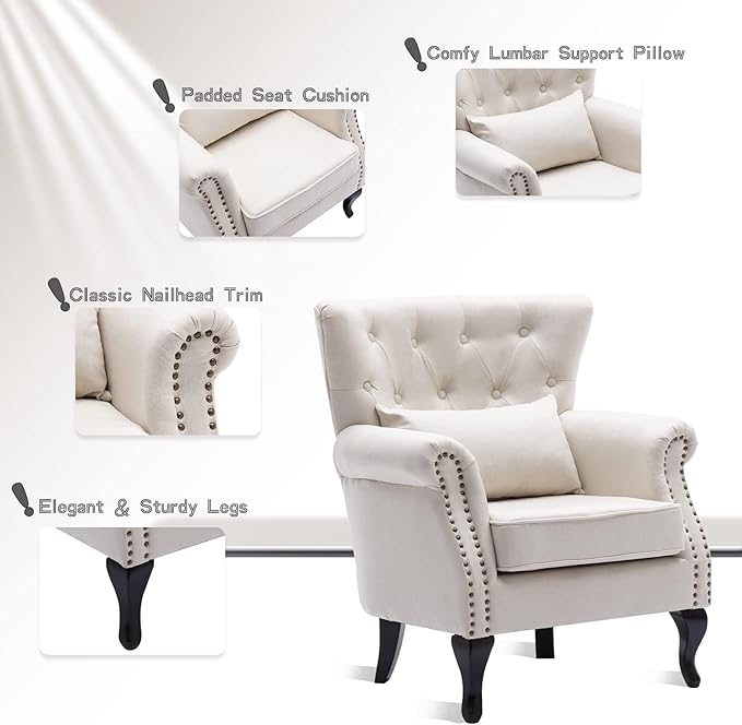 chairus Mid-Century Modern Accent Chair Comfy Tufted Single Sofa Chair Wingback Armchair with Pillow for Club Living Room Bedroom - Linen Beige