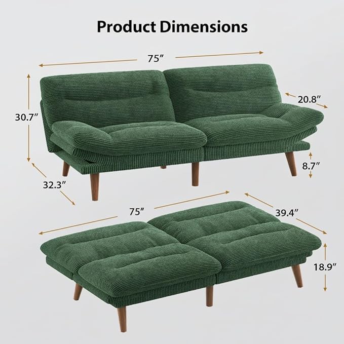 Pipishell Futon Sofa Bed 75 Inch Corduroy Futon Couch Convertible with Adjustable Backrest and Armrests Recliner Sleeper Sofa for Small Spaces Living Room Office Guest Room (Green 75 Inch)