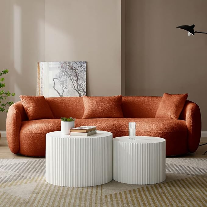 WILLIAMSPACE 93.6 Curved Sofa Modern Upholstered Boucle Curved Couch with 3 Throw Pillows 3-Seat Sofa Couch for Living Room Apartment (Orange)