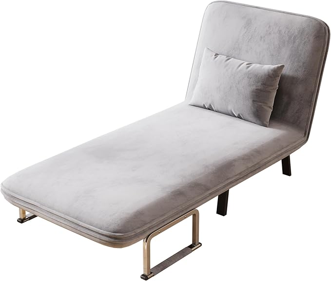 KEIKI 31.5 Luxury Velvet Single Triple-Fold Sofa Bed 3 in 1 Convertible Sleeper Lounge Chair w/Adjustable Backrest &amp PillowsMulti-Functional Living Room Armchair for ApartmentsGray