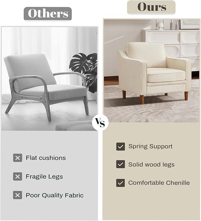 Kingfun Accent Chair Living Room Chairs Mid Century Reading Armchair Chenille with Solid Wood Foot Upholstered Modern Decor for Bedroom Apartment Beige