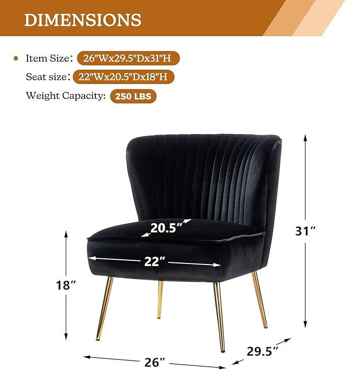 HULALA HOME Velvet Accent Chair Modern Upholstered Cute Side Chair with Gold Metal Legs Armless Wingback Slipper Chair Comfy Living Room Chair for Bedroom Guest Room VanityBlack