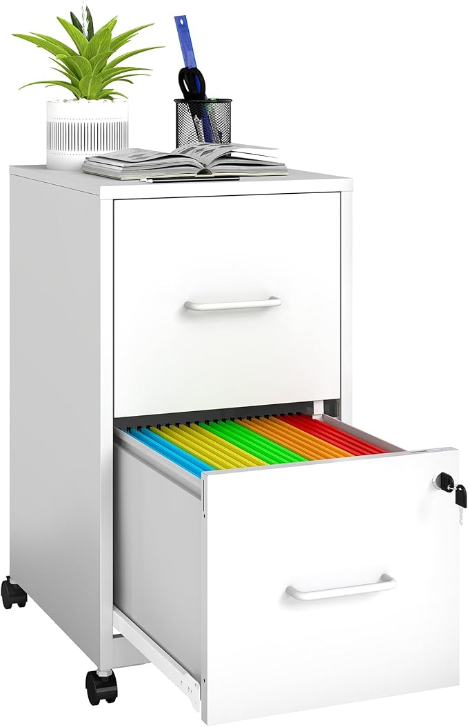 2 Drawer File Cabinet on Wheels Mobile Filing Cabinets with Lock Metal Storage Cabinet Vertical Filing Cabinets for Home Office Rolling File Cabinet for Under Desk Amssebly RequiredWhite