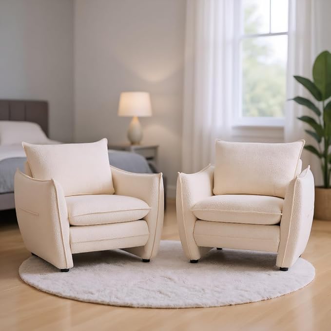Oversized Accent Chair Modern Single Sofa Cloud Chairs with Removable Pillow Deep Seat Comfy Armchair for Living Room Bedroom Reading Nook - Upholstered Lounge Chair (Beige Set of 2)