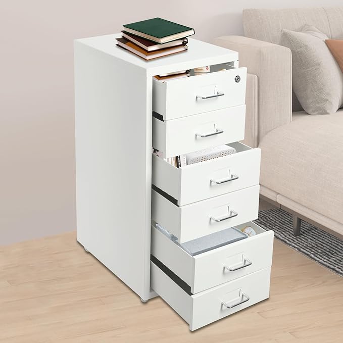 6-Drawer File Cabinet with Lock and Wheels Home Office Filing Storage Organizer for A4 Letter-Size Documents White 11x16x27 Inches