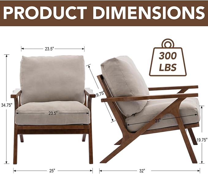 chairus Mid-Century Modern Accent Chairs Set of 2 Comfy Upholstered Lounge Armchairs with Removable Cushions &amp Solid Wood Frame Reading Chairs for Living Room Bedroom Office Beige Denim Fabric