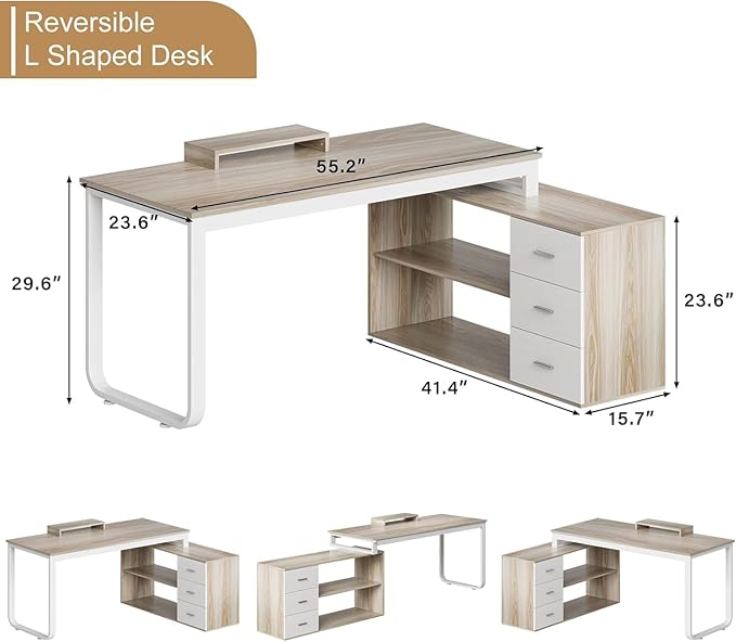 55 Inch L Shaped Desk with 3 Drawers White Desk with Storage Shelves Home Office Desk with Monitor Stand White and Walnut
