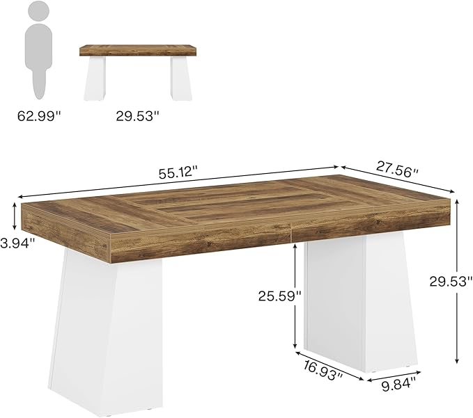 Tribesigns 55 Inches Executive Desk Mid-Century Modern Home Office Desk Wood Computer Table Business Workstation Small Conference Table White &amp Brown