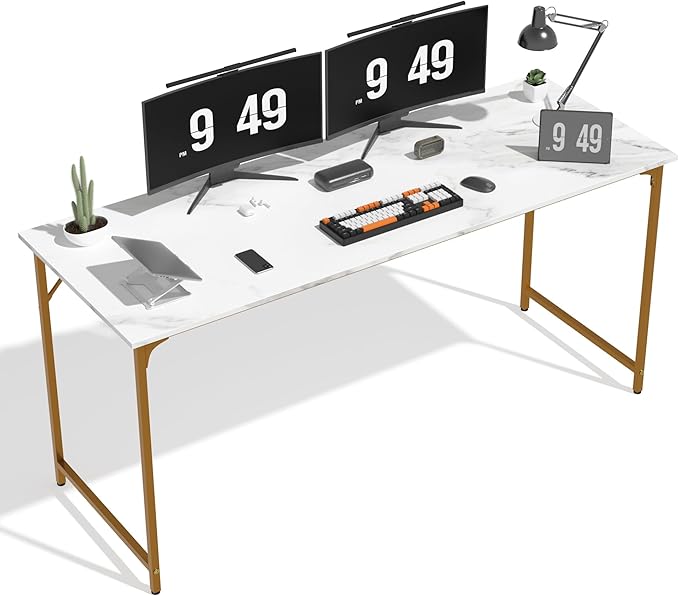 63 Inch Large Computer Gaming Desk Modern Simple Style Office Computer Table for Bedroom Writing Work Study Table with Metal Frame for Home Office Large Legroom Gold