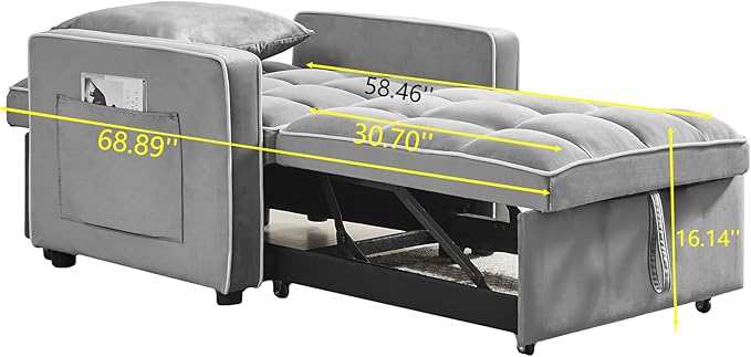 3-in-1 Futon Couch Sofa Bed Chair Convertible Sleeper Sofa with Pull-Out Bed Folding Sofa Bed with Reclining Backrest and Side Pocket Sofa Recliner Single Bed Adult Modern Chair Bed Berth (Grey)