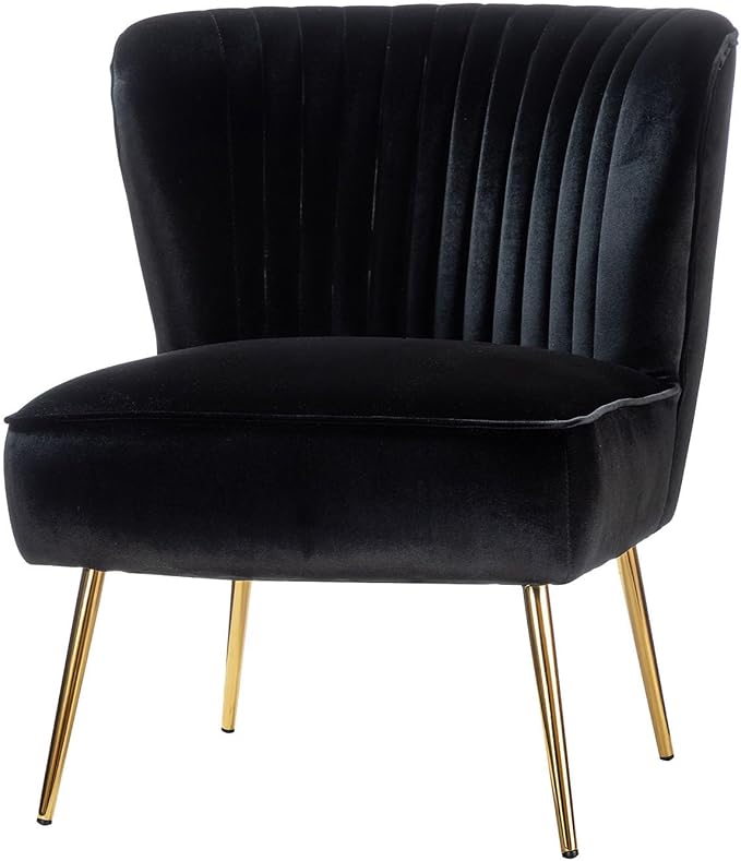 TINA'S HOME Velvet Accent Chair Set of 2 with Metal Golden Legs Upholstered Armless Slipper Chair with Wingback Mid Century Side Chair for Living Room Bedroom Vanity- Black