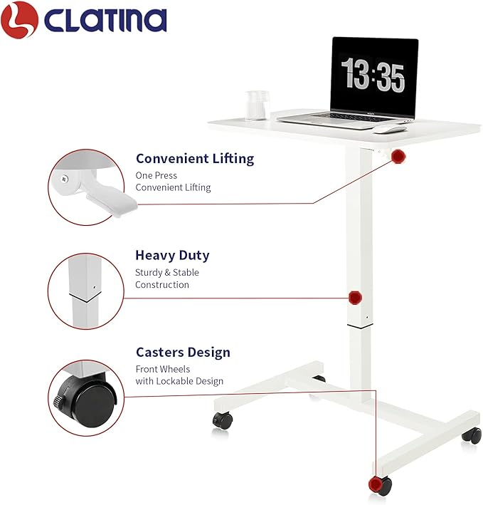 CLATINA Mobile Laptop Standing Desk Pneumatic Stand Table Rolling Adjustable Height Overbed Bedside Table with Lockable Wheels for Home Hospital Office Computer Workstation 28 x 19 Round Edge White