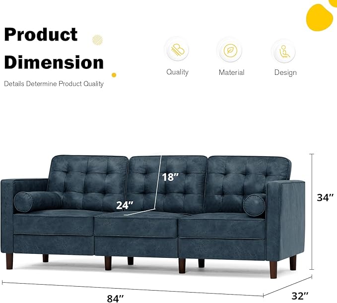 84 Suede Leather Sofa with 2 Soft Pillows Tufted Modern Sofa with Sturdy Wooden Legs 3 Seats Couch for Living Room Office Bedroom Blue