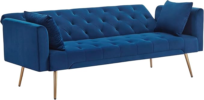 Anwick Modern Velvet Sofa Bed Futon with 2 Pillows2-in 1 Convertible Sleeper Couch BedFolding Recliner Loveseat with Golden Metal Legs for Living Room Apartment Office (Blue)