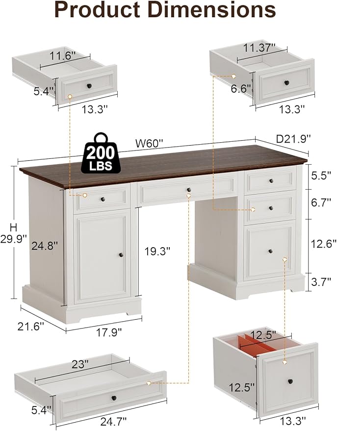 Vipbear 60 Farmhouse Executive Desk with Drawers and Cabinet Embossed Texture Wood Home Office Desk Rustic Computer Writing Desk Workspace for Work Study Writing