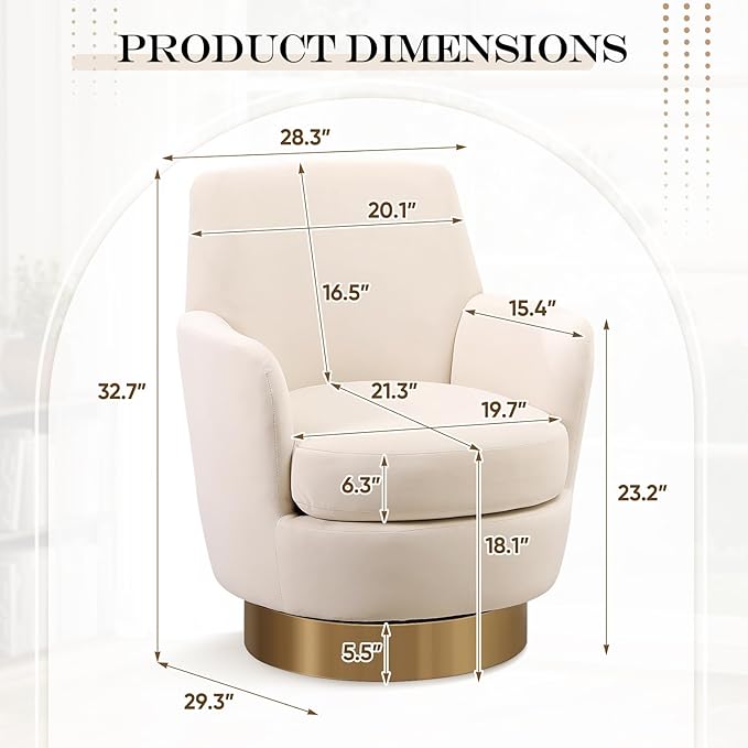 360° Swivel Barrel Chair Set of 2 28.3 Modern Velvet Round Accent Chair Comfy Upholstered Small Armchair with Gold Metal Base for Living Room Bedroom Nursery Office Sillas para Sala Beige